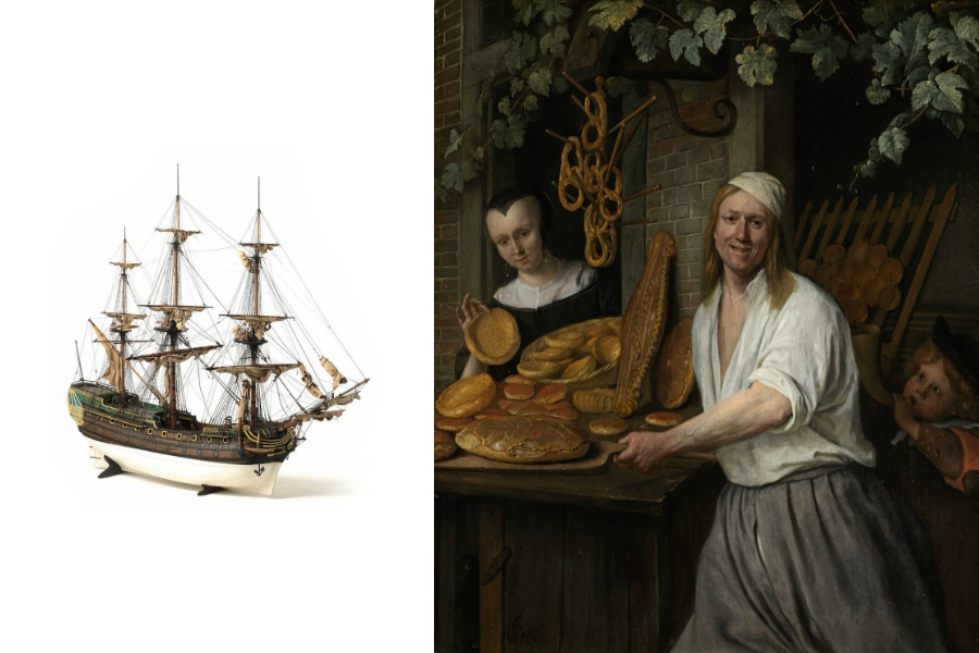BREUDHER - THE STORY OF A DUTCH BREAD  -  A baker and his wife proudly show off their freshly baked goods. An old inscription on the back of the painting gives the couple’s name. The boy is also mentioned; he is the painter’s son. Jan Steen combined several genres in a single painting. It is simultaneously a portrait, a depiction of a profession, and a still life of bread.  Photo: Rijksmuseum  -  Model of the 58-gun East Indiaman Merkurius.  Photo: Rijksmuseum 