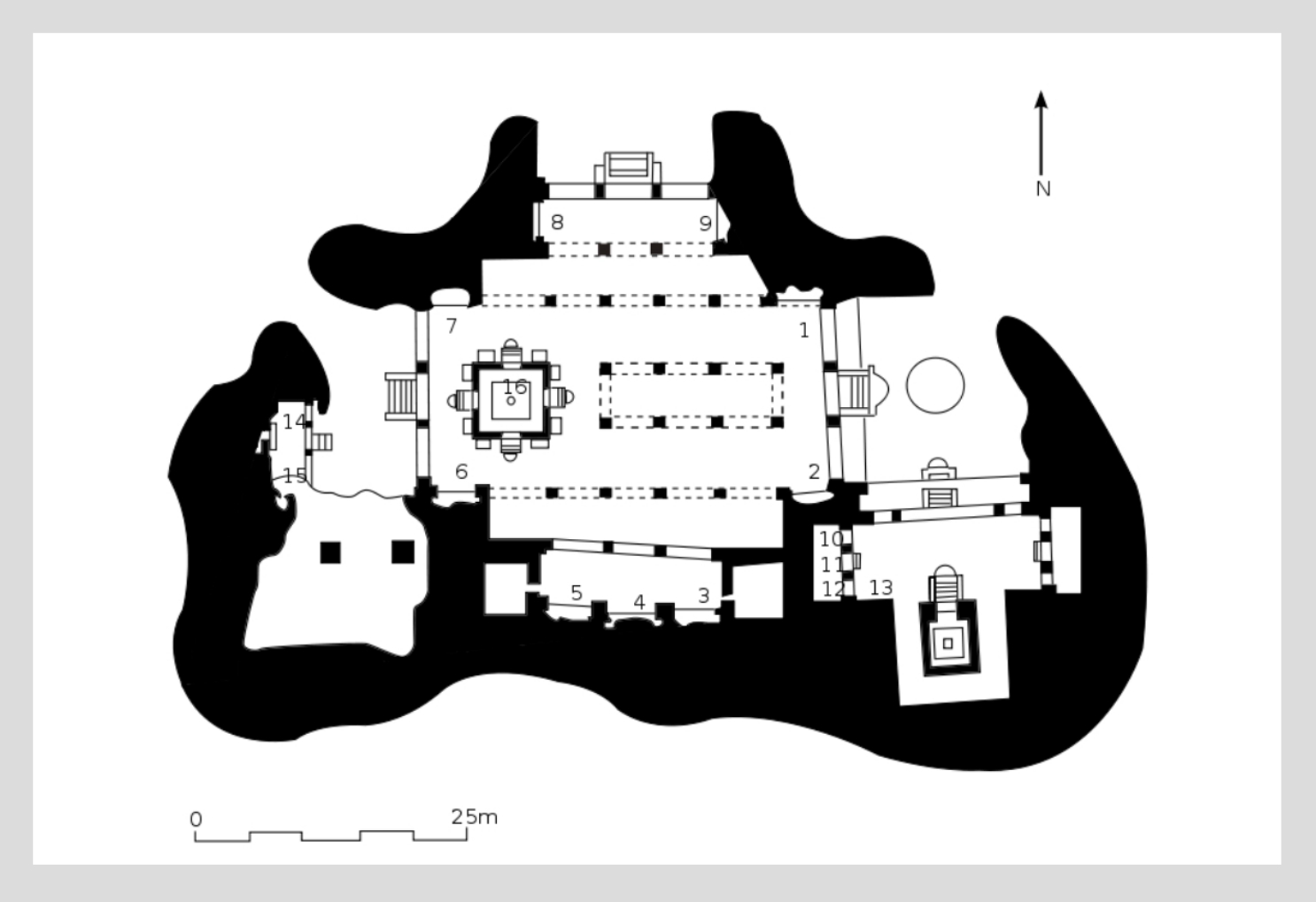 CENTRAL SHRINE
1. Ravananugraha
2. Shiva-Parvati, Mount Kailash
3. Ardhanarishvara
4. Sadashiva Trimurti
5. Gangadhara
6. Wedding of Shiva
7. Shiva slaying Andhaka
8. Nataraja
9. Yogishvara
16. Linga

EAST WING SHRINE
10. Kartikeya
11. Matrikas
12. Ganesha
13. Dvarapala

WEST WING SHRINE
14. Yogishvara
15. Nataraja